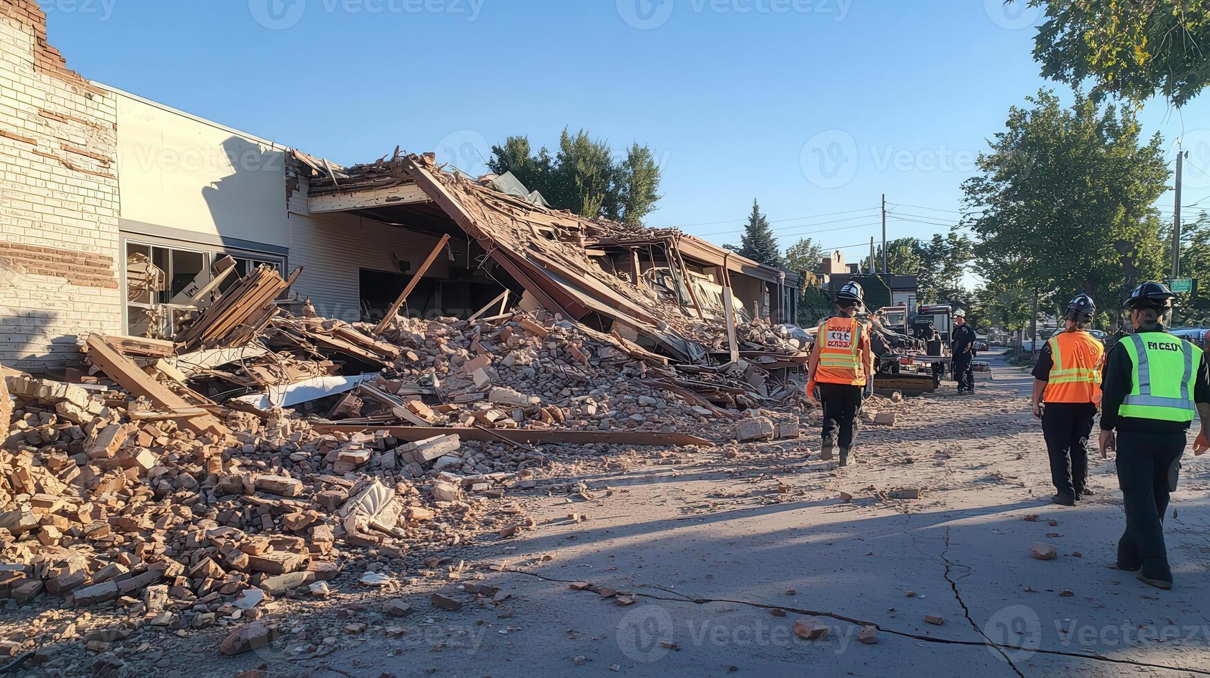 A collapsed building with debris and emergency responders assessing the situation photo