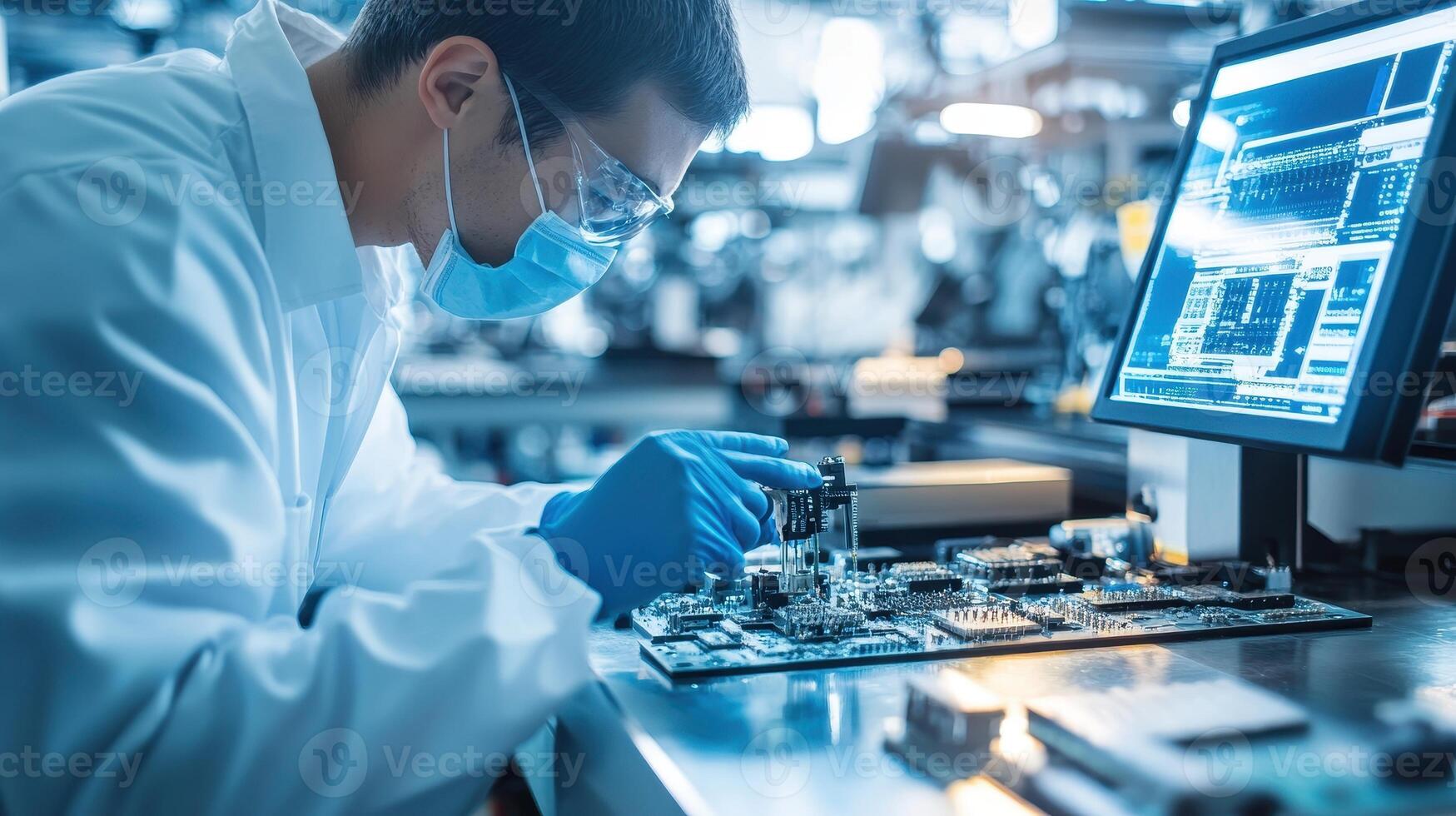 A technician inspects a circuit board in a lab setting, focusing on electronics assembly photo