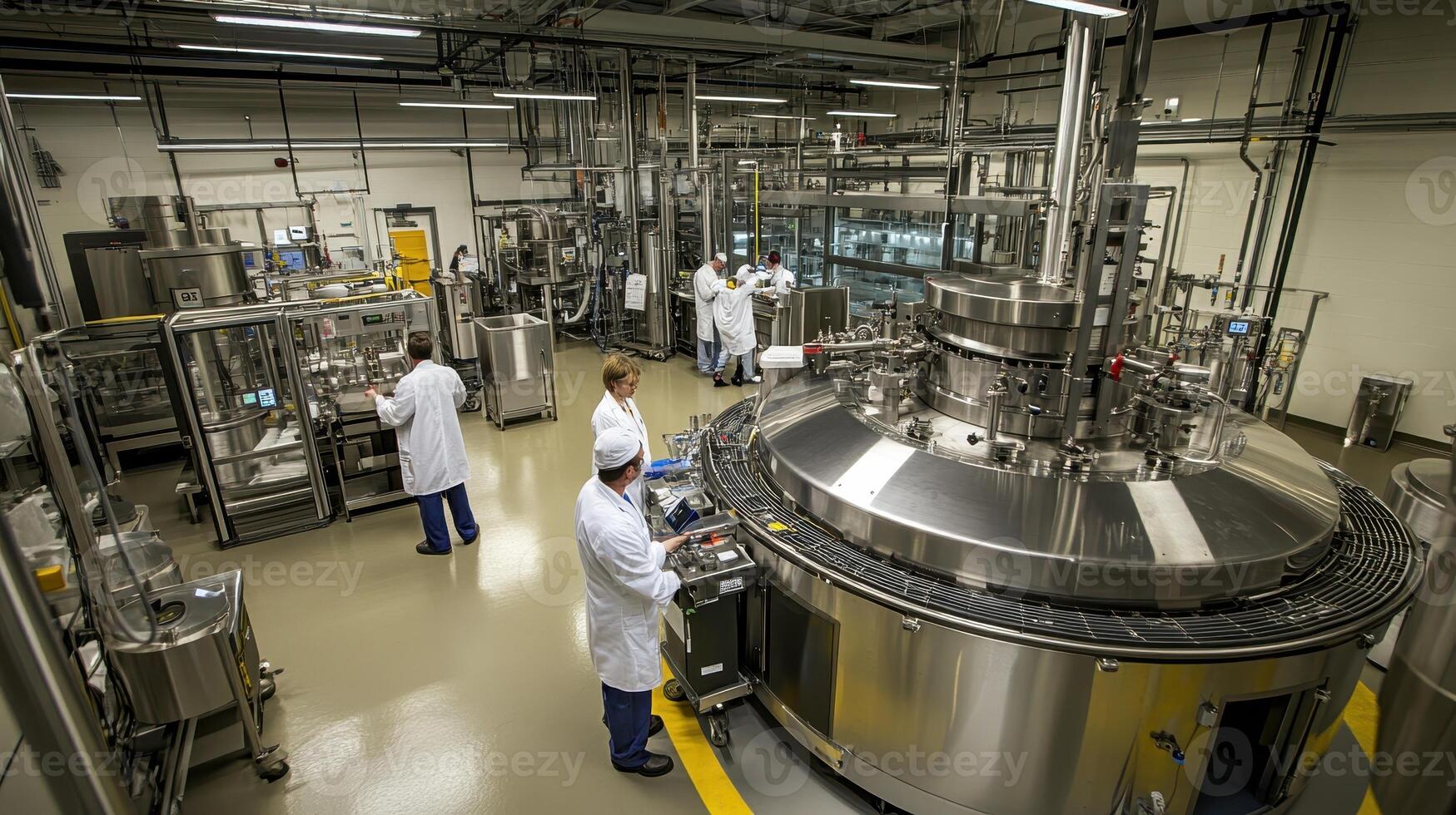 Industrial laboratory with workers operating machinery in a clean environment photo
