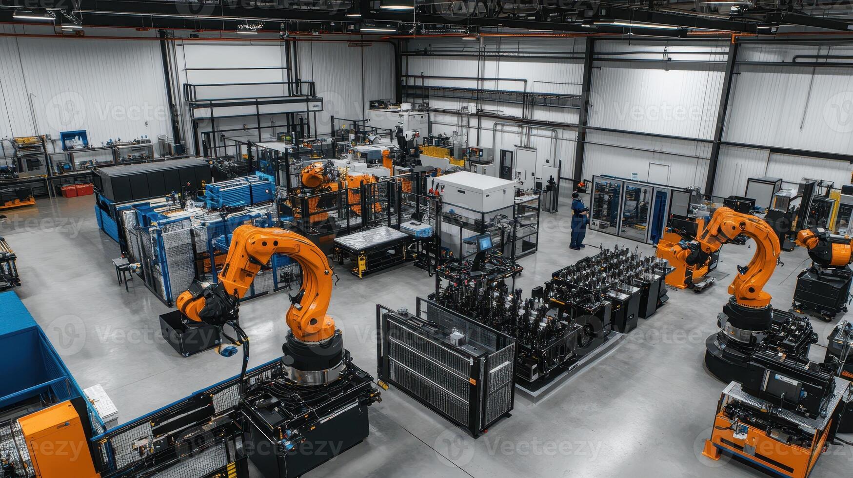 A modern industrial workspace featuring robotic arms and machinery for automation. photo