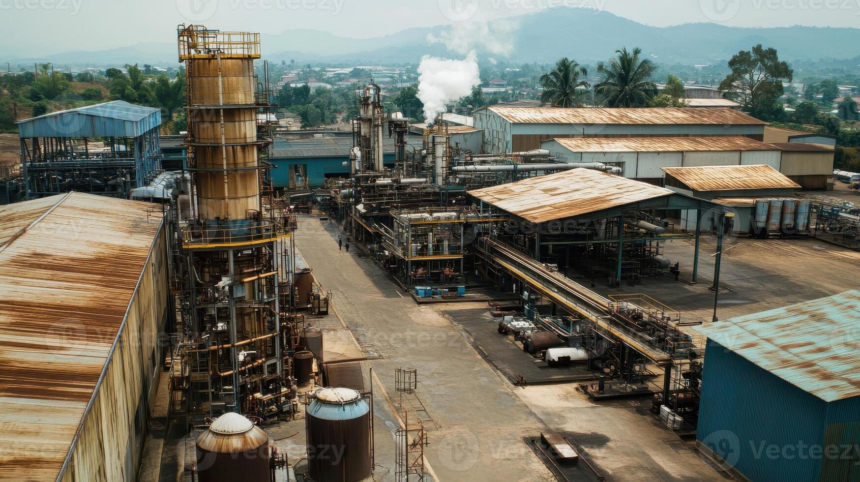Aerial view of an industrial facility with machinery and buildings in a rural setting photo
