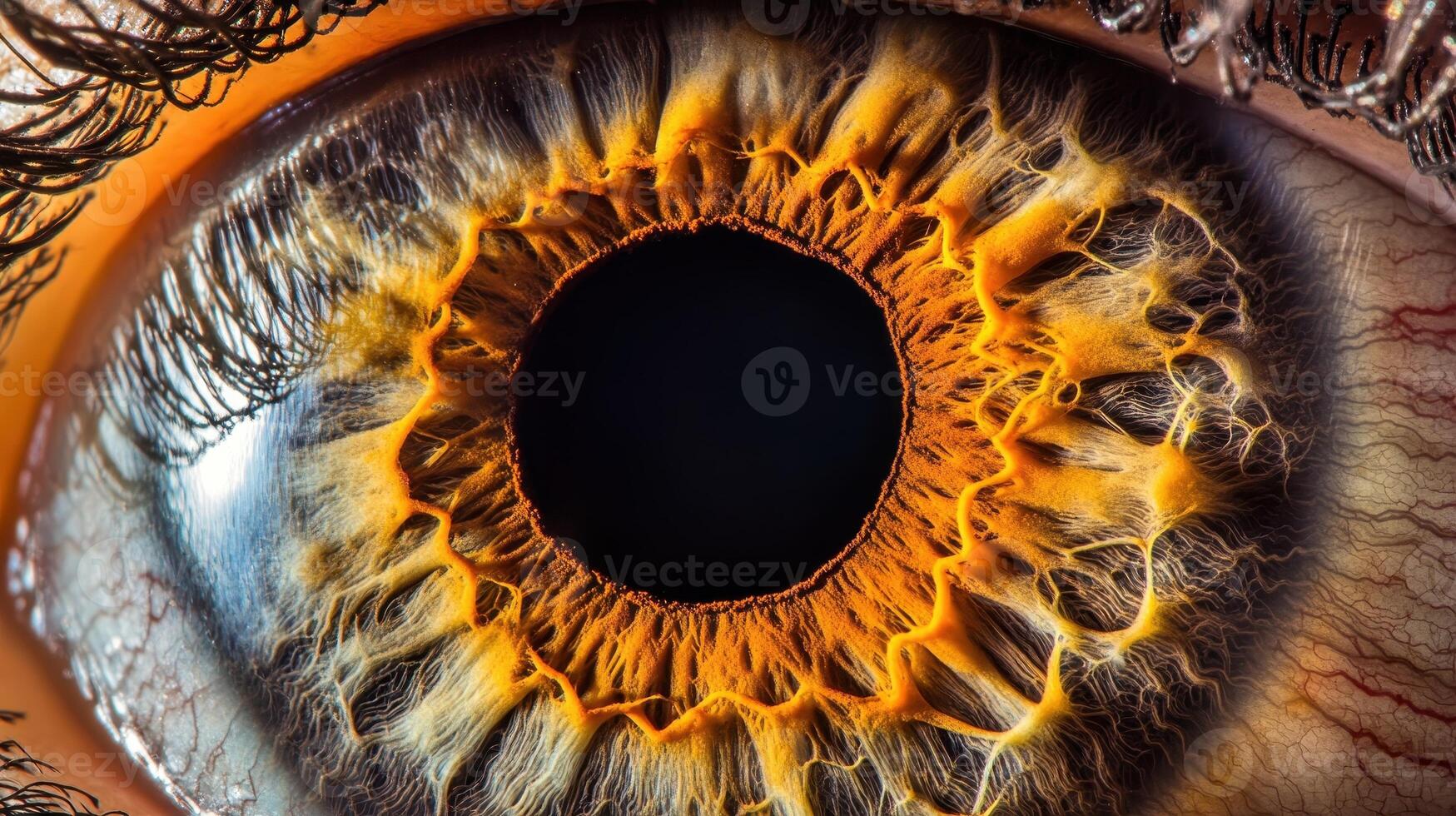Close-up of a human eye showcasing intricate patterns and vibrant colors photo