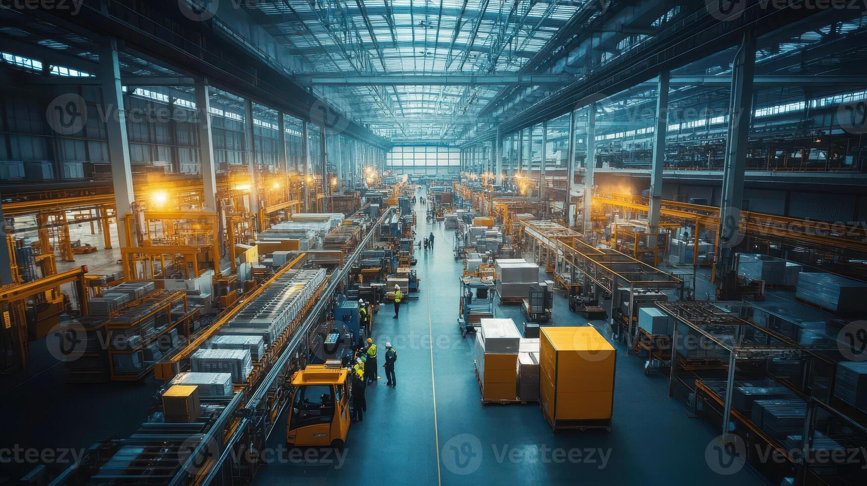 A spacious industrial warehouse filled with machinery, pallets, and workers photo