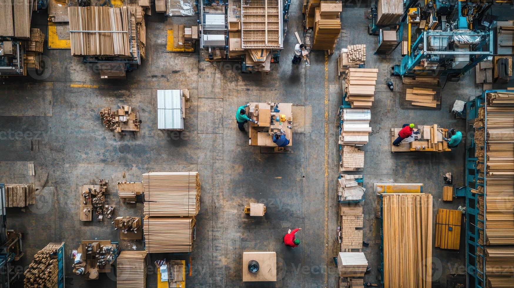 Aerial view of a busy warehouse with workers organizing and packing materials photo