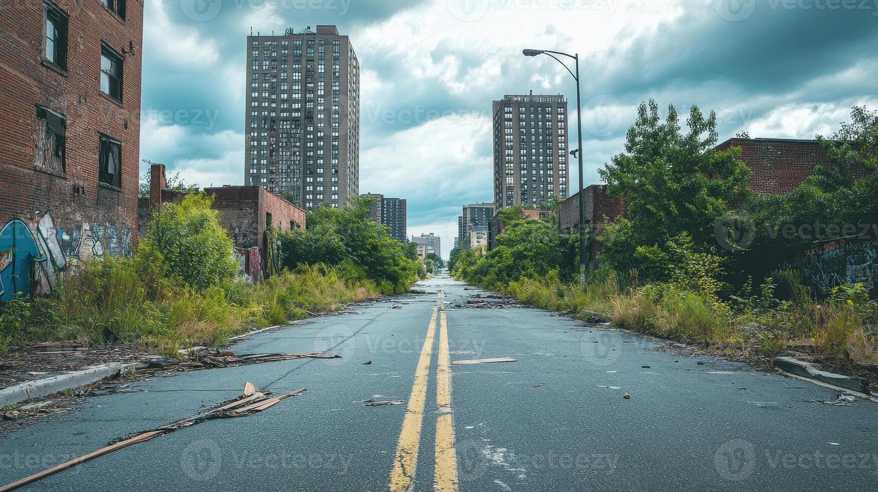 Abandoned urban street with overgrown vegetation and derelict buildings under a cloudy sky photo