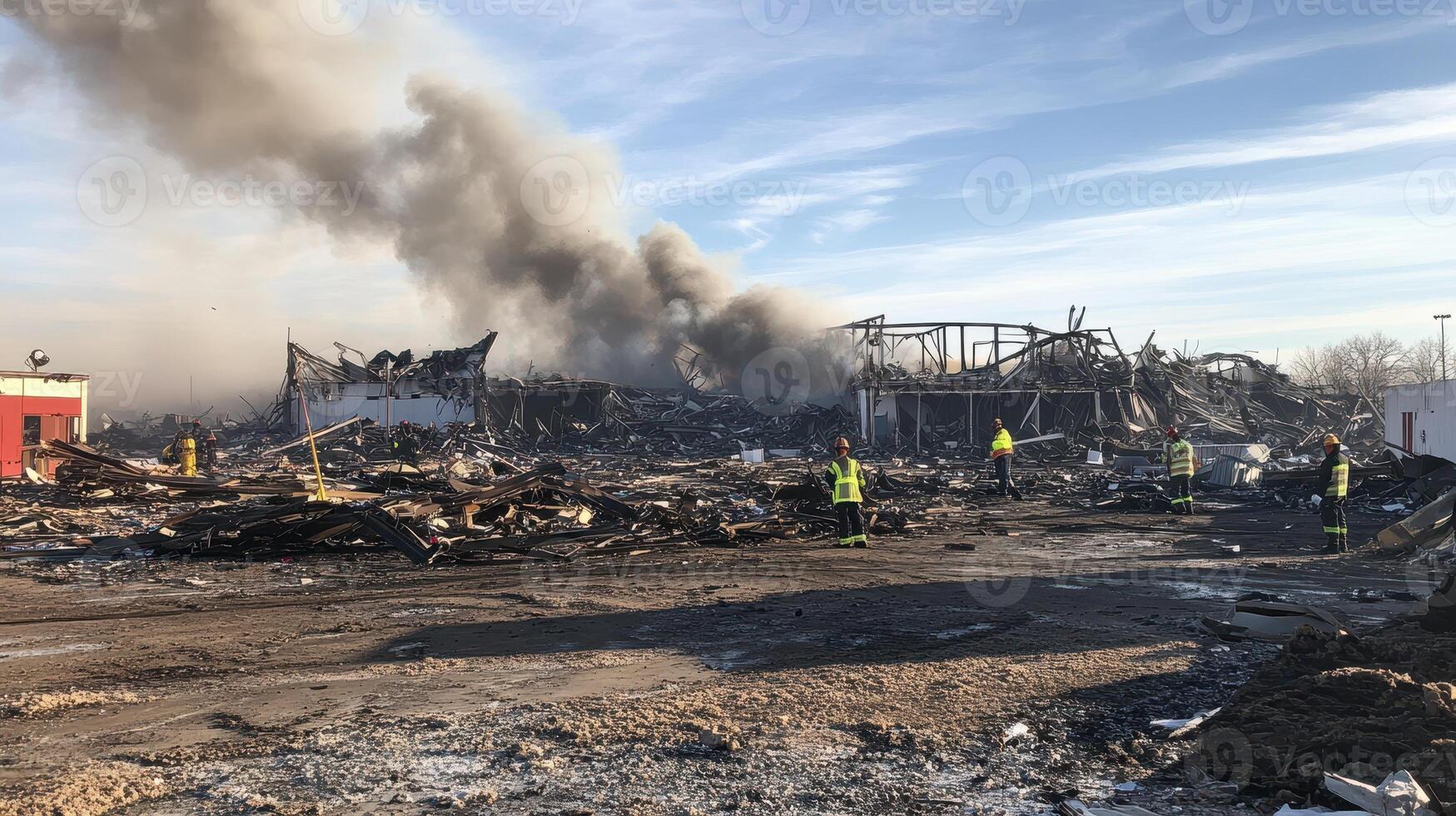A devastated site with smoke rising, indicating a recent fire or explosion photo