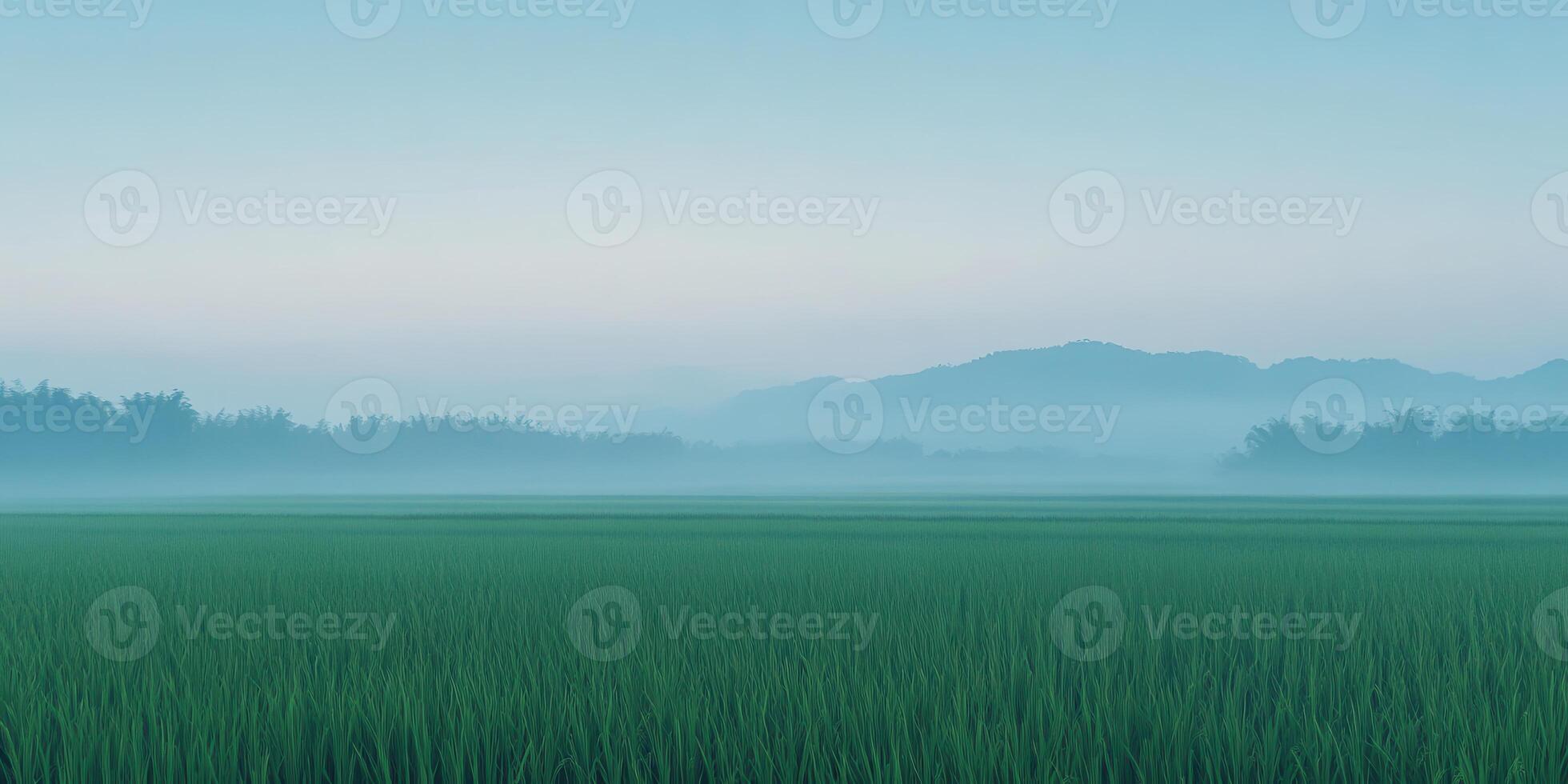 A serene landscape featuring lush green fields and misty mountains under a soft blue sky photo