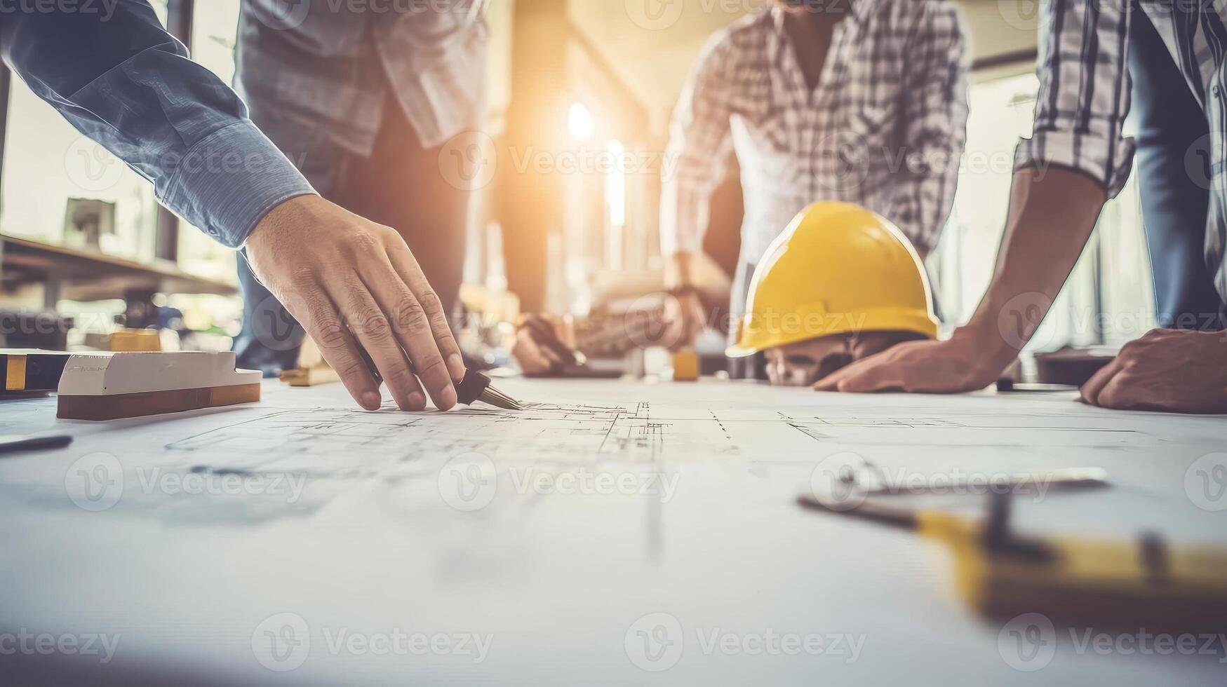 A group of individuals collaborating over architectural plans on a table photo