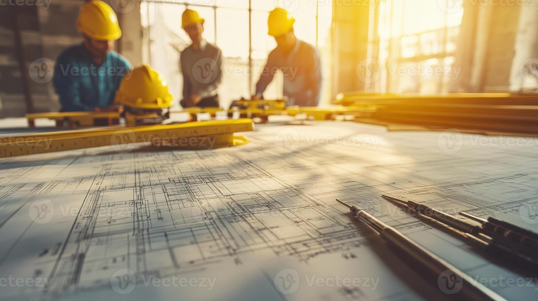 Construction workers examining blueprints at a job site with tools and sunlight photo