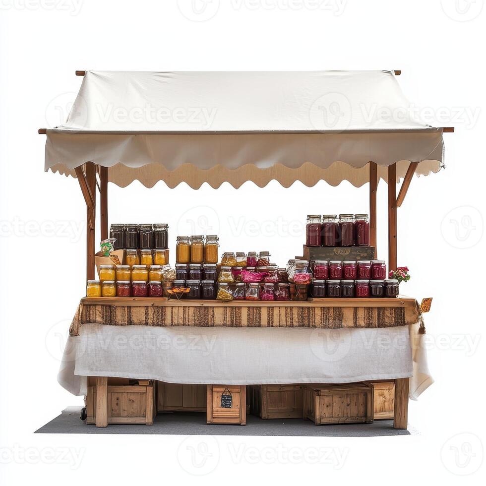 A charming market stall displaying a variety of colorful jars of preserves and jams photo
