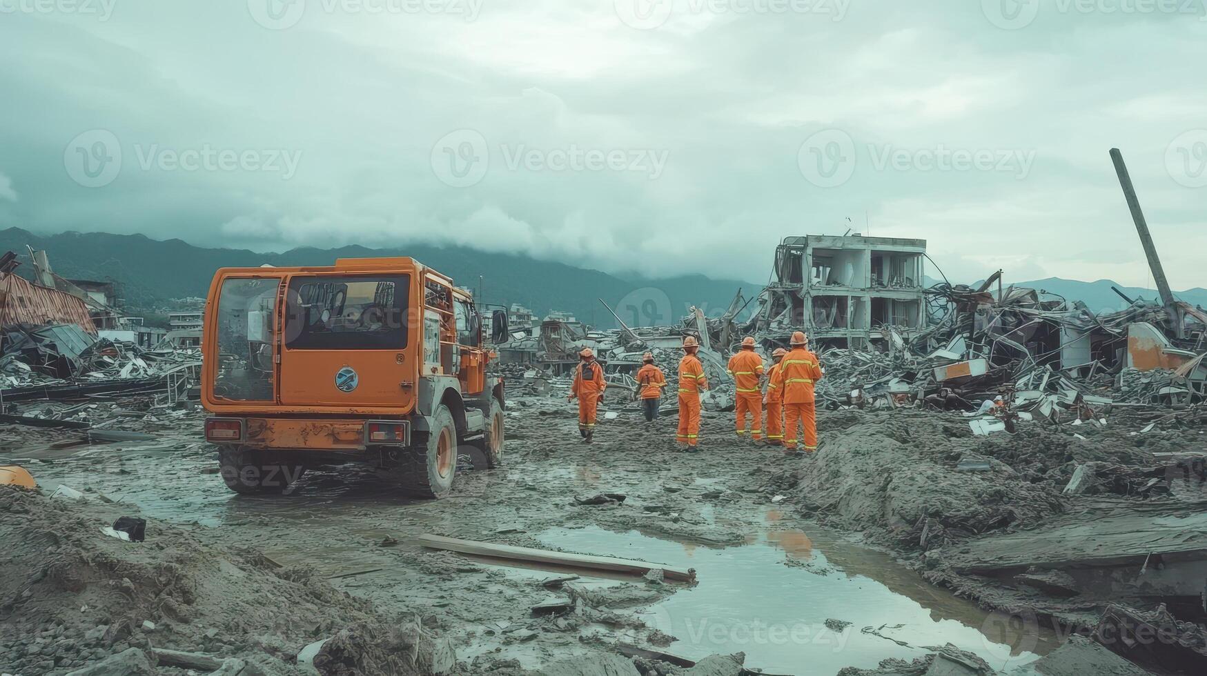 Rescue workers in orange suits assess damage in a disaster-stricken area with debris photo