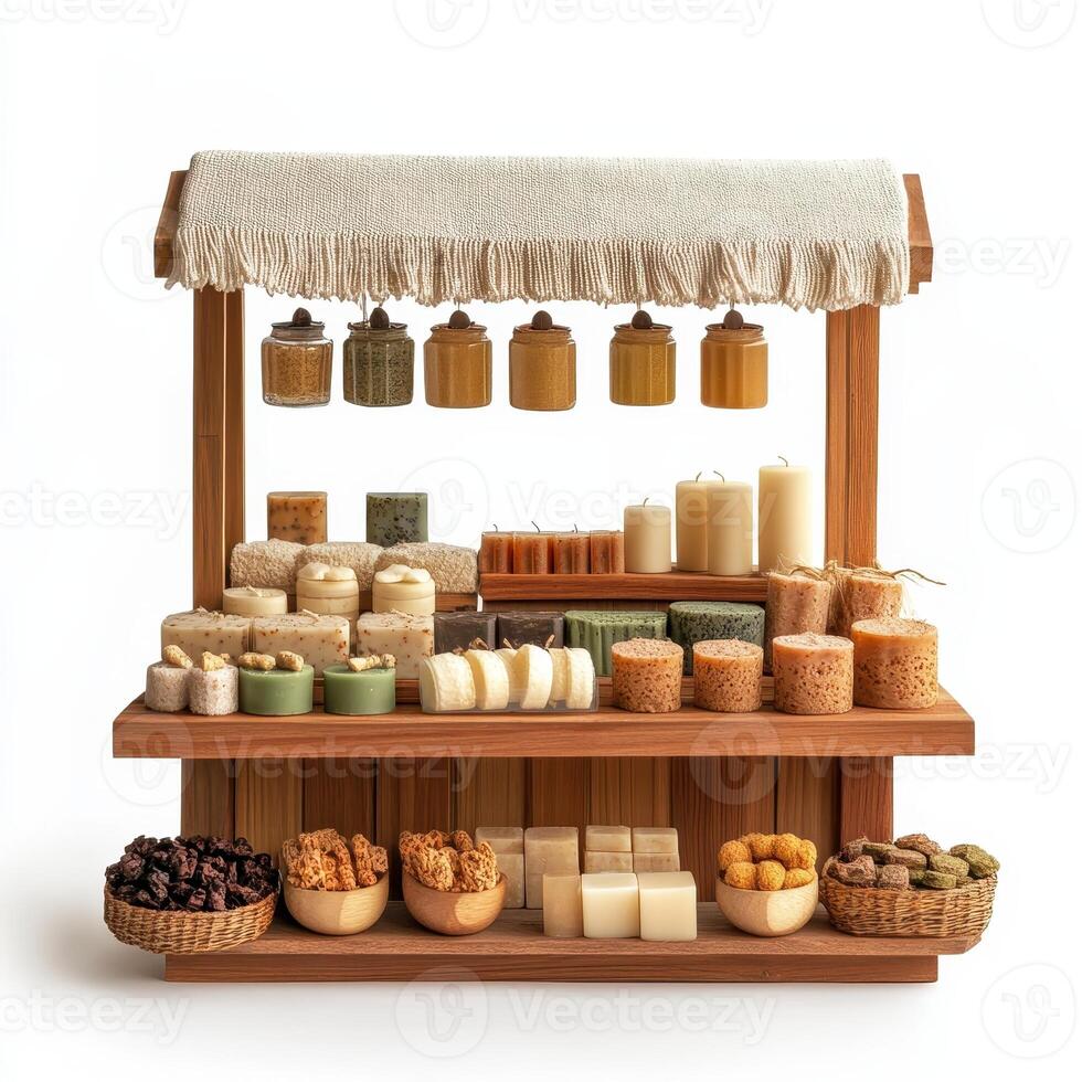 A wooden market stall displaying various handmade soaps, candles, and natural products photo