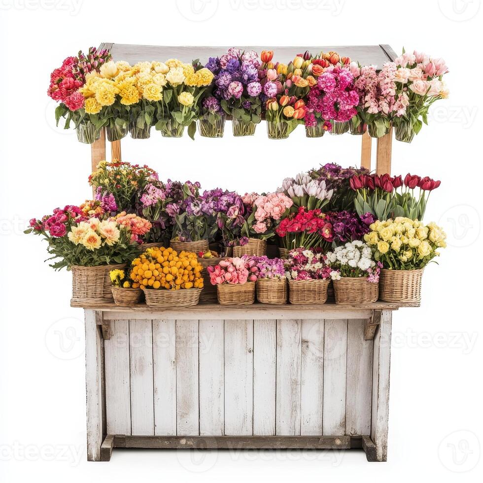 A vibrant flower stall showcasing a variety of colorful blooms in baskets photo