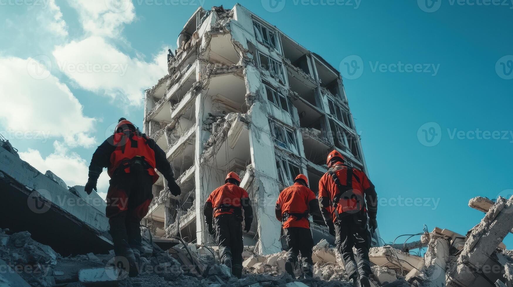 Rescue workers assess a collapsed building after a disaster photo