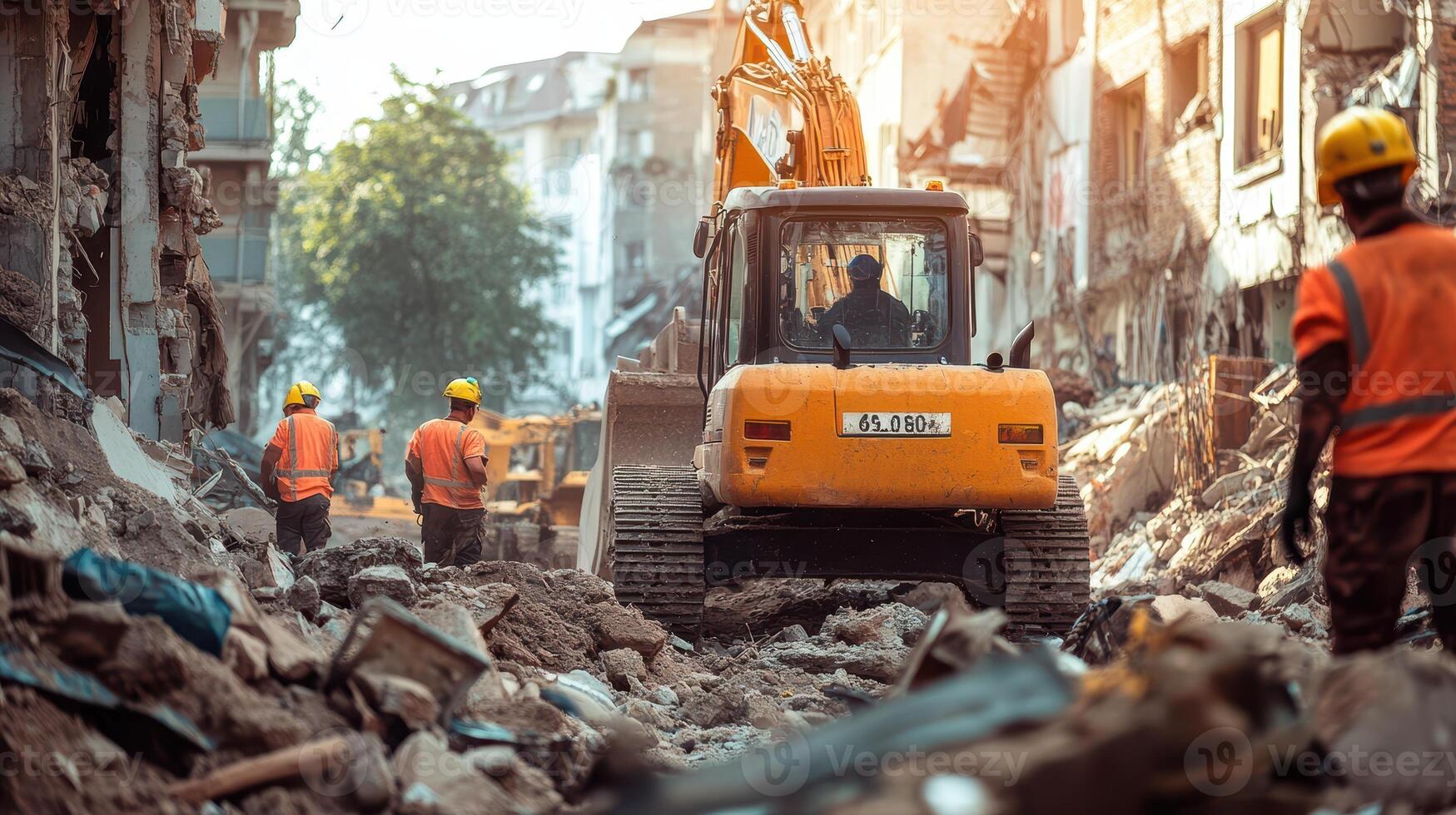 Construction workers and machinery clearing debris from a damaged urban area photo
