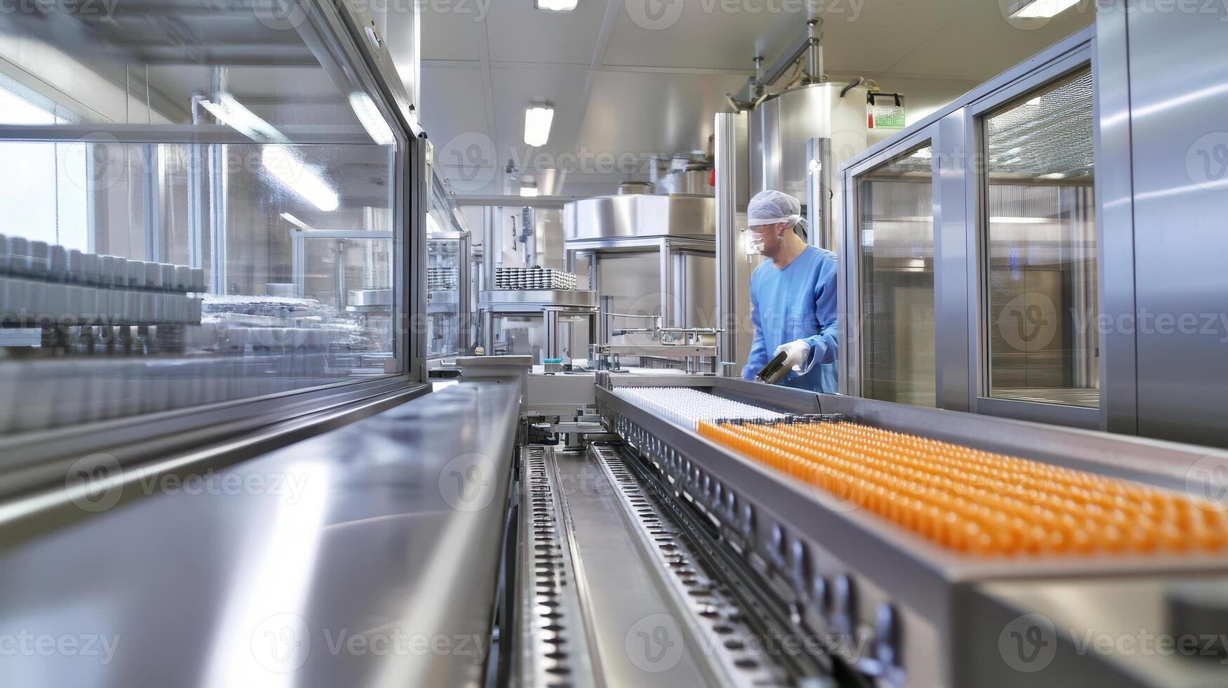 A clean industrial setting with a worker overseeing a production line of orange vials. photo