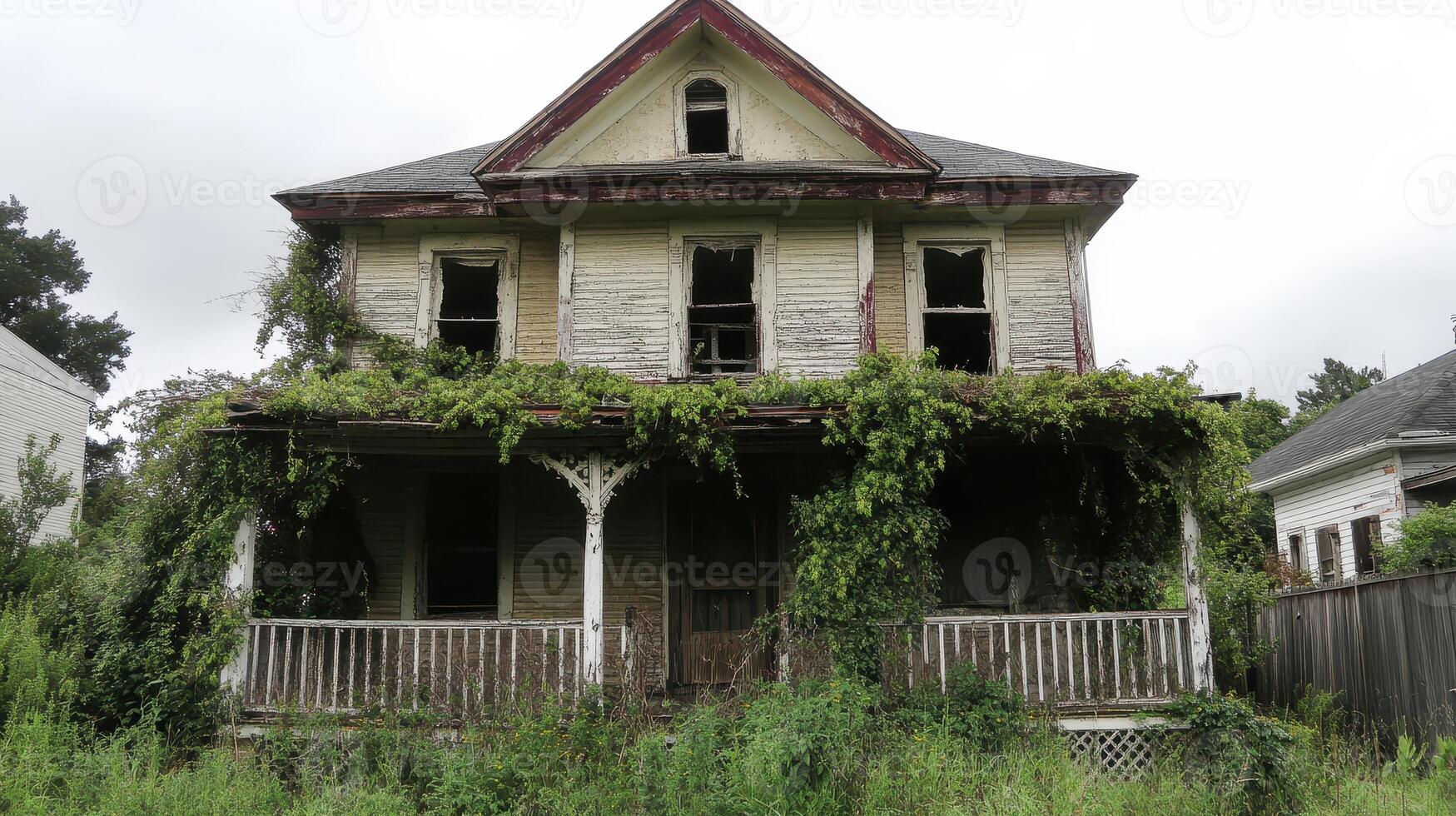 An abandoned house overgrown with vines, showcasing decay and nature's reclamation photo