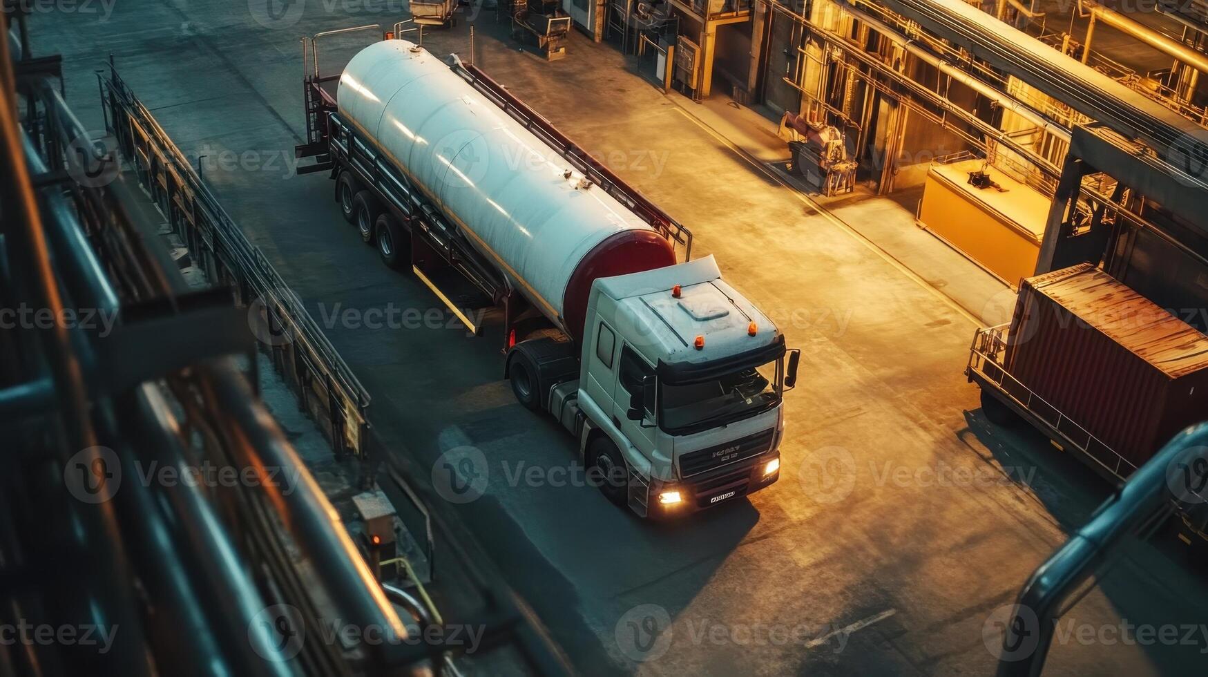 A tanker truck in an industrial setting, preparing for loading or unloading operations photo