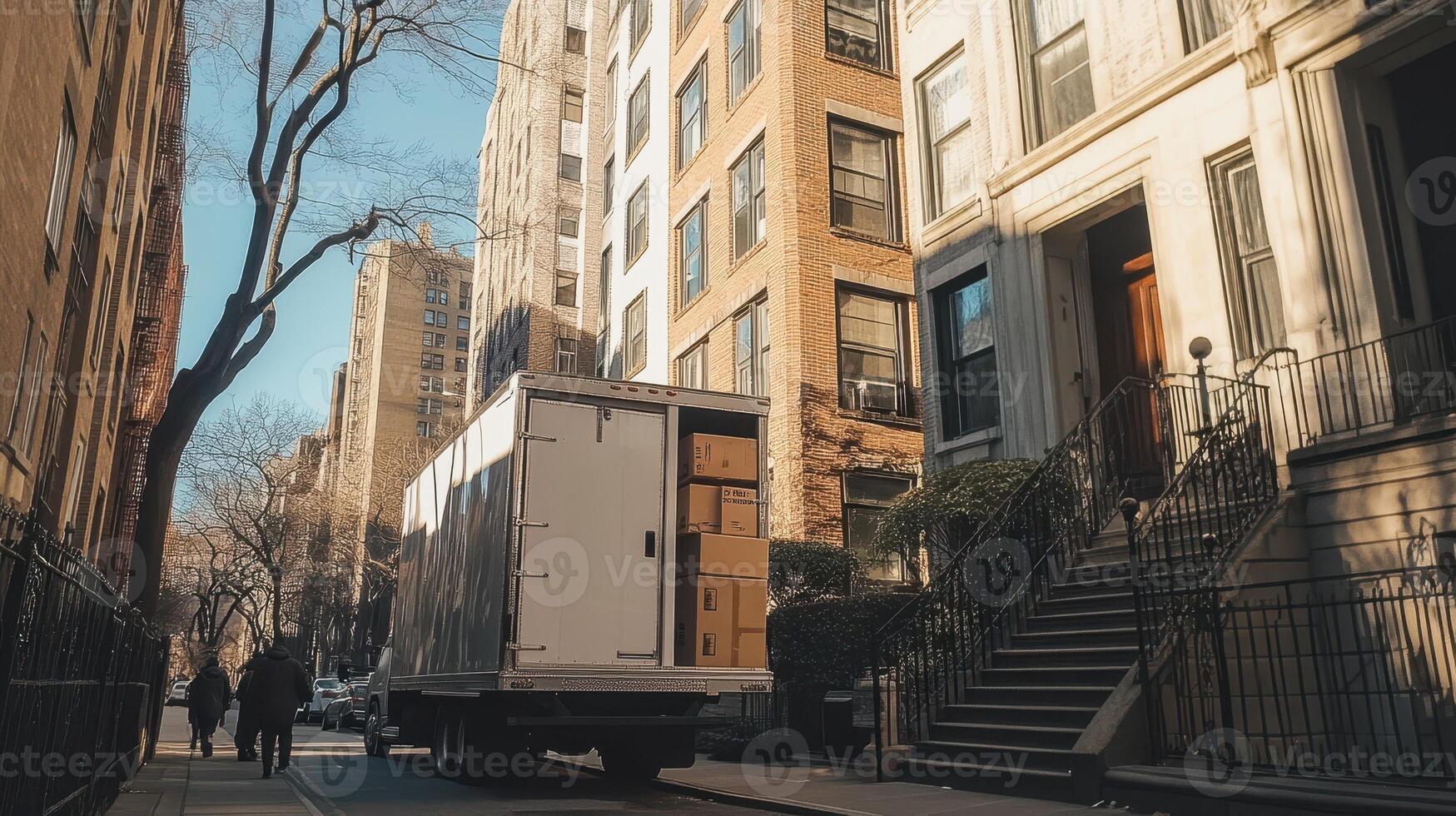A moving truck parked on a city street beside residential buildings photo