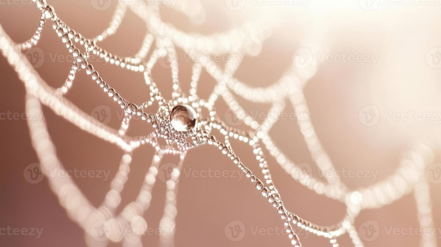 A close-up of a spider web adorned with dew droplets, shimmering in soft light photo
