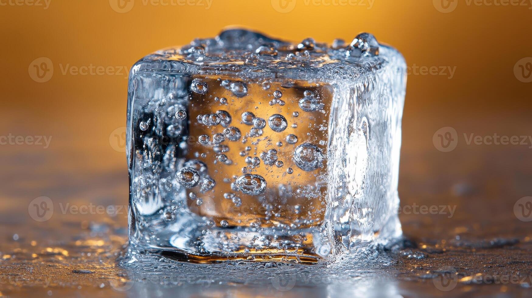 A close-up of a clear ice cube with bubbles, reflecting light against a warm background. photo
