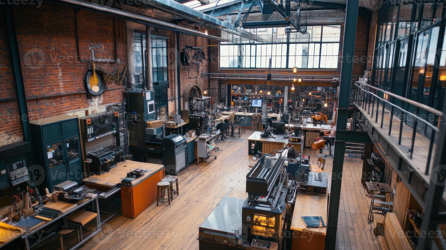 A spacious, industrial-style kitchen and workshop filled with equipment and workspaces photo
