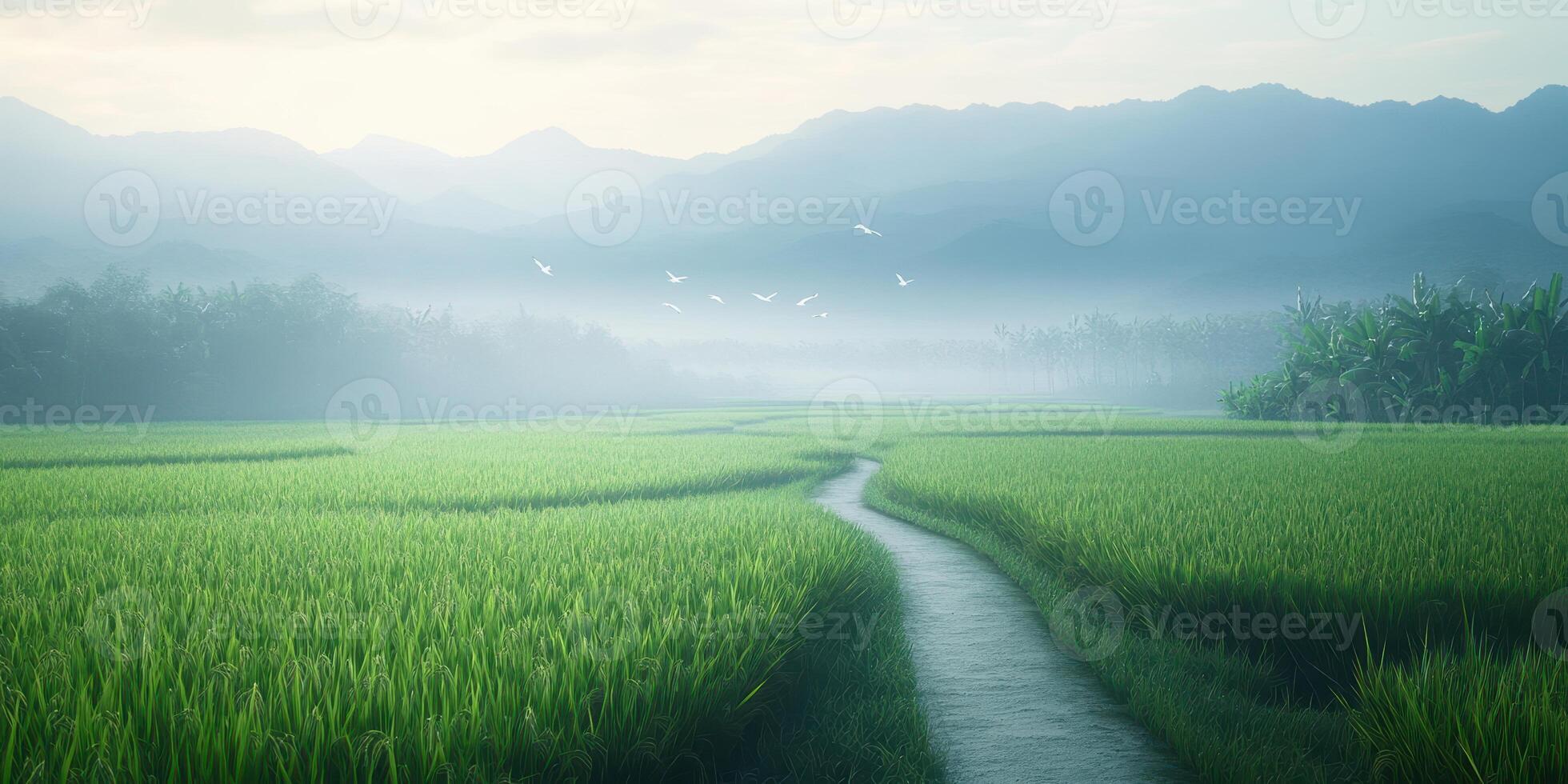 Serene landscape featuring rice fields and mountains under a misty sky photo