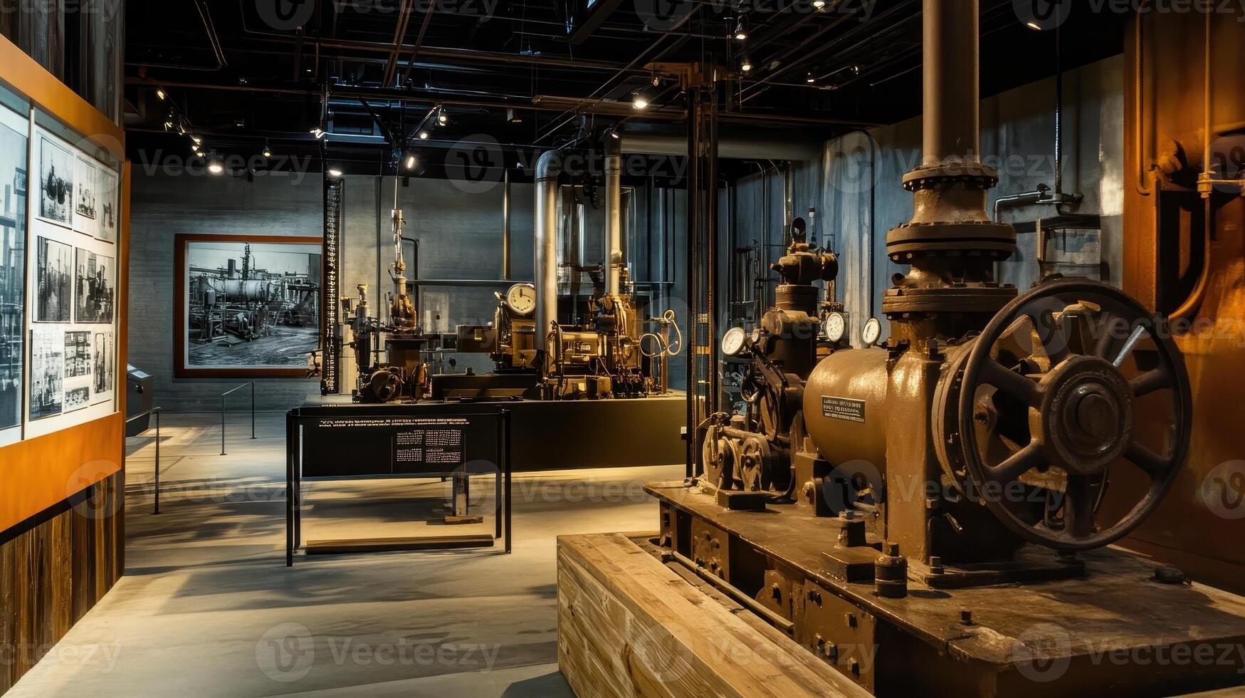 A museum exhibit showcasing historical industrial machinery and photographs photo
