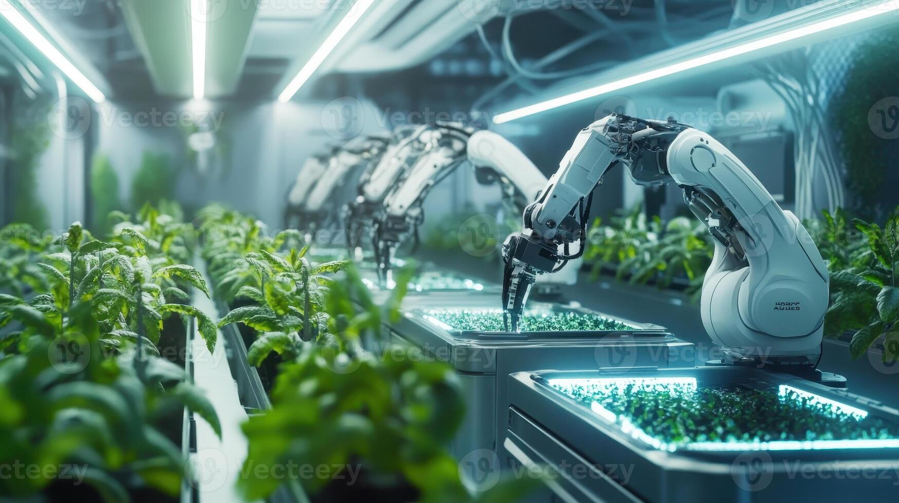 Futuristic robots tending to plants in a high-tech greenhouse photo