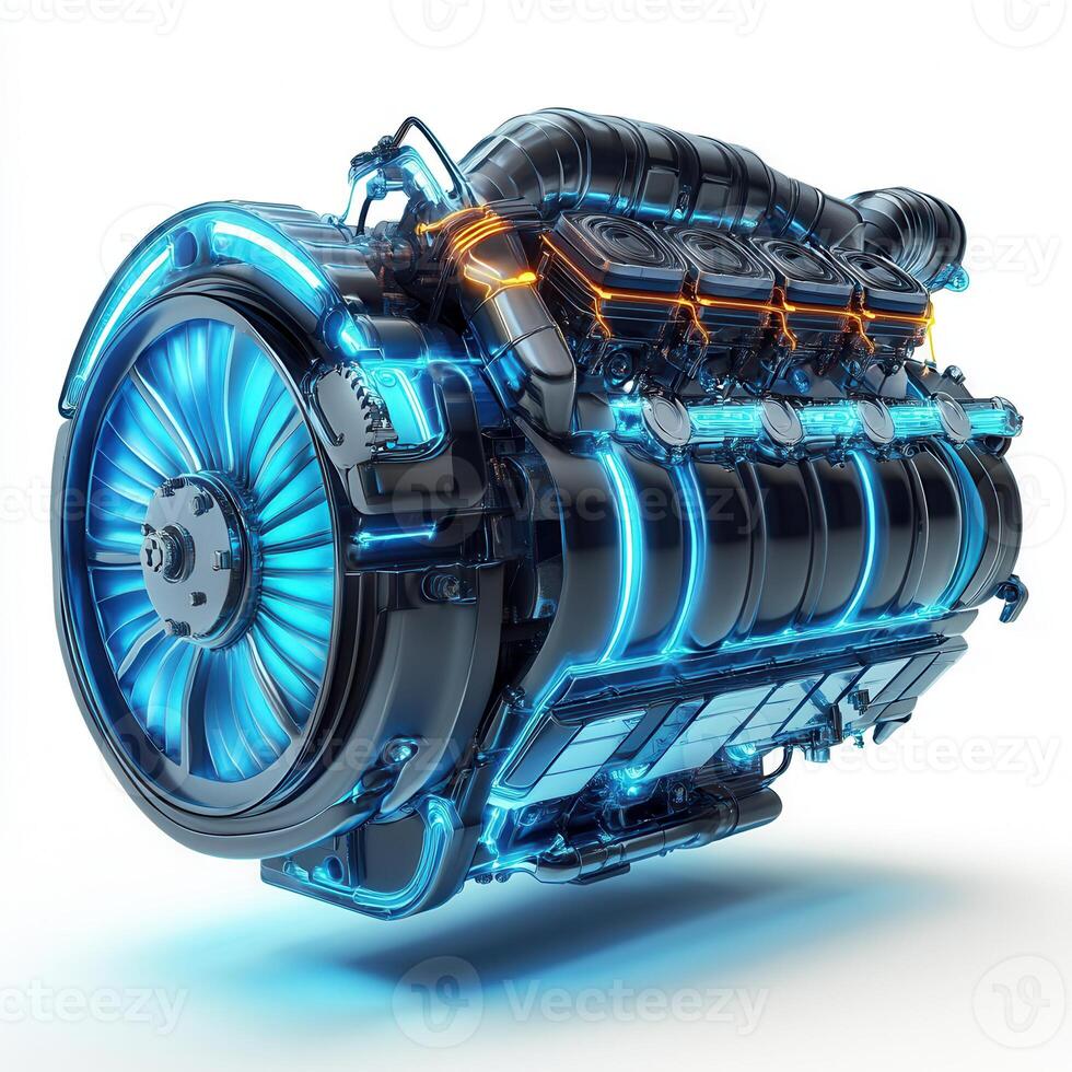 A futuristic engine design featuring glowing elements and intricate mechanical details photo