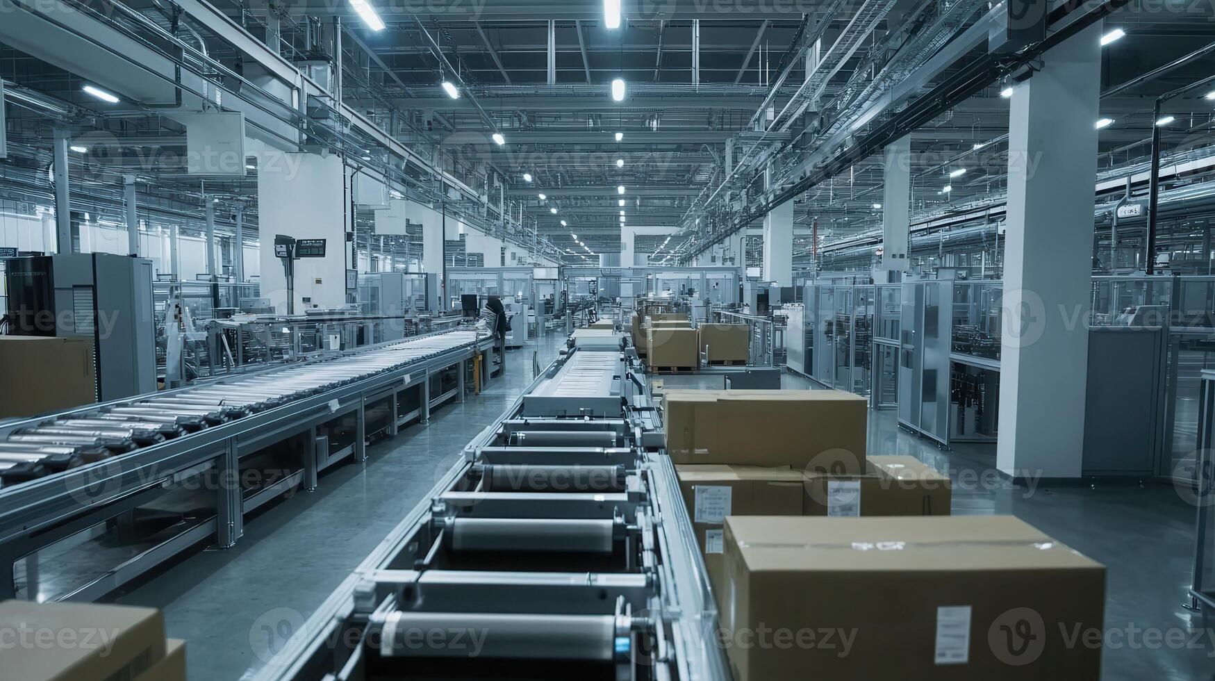 A spacious industrial facility with conveyor belts and boxes, indicating a manufacturing process. photo