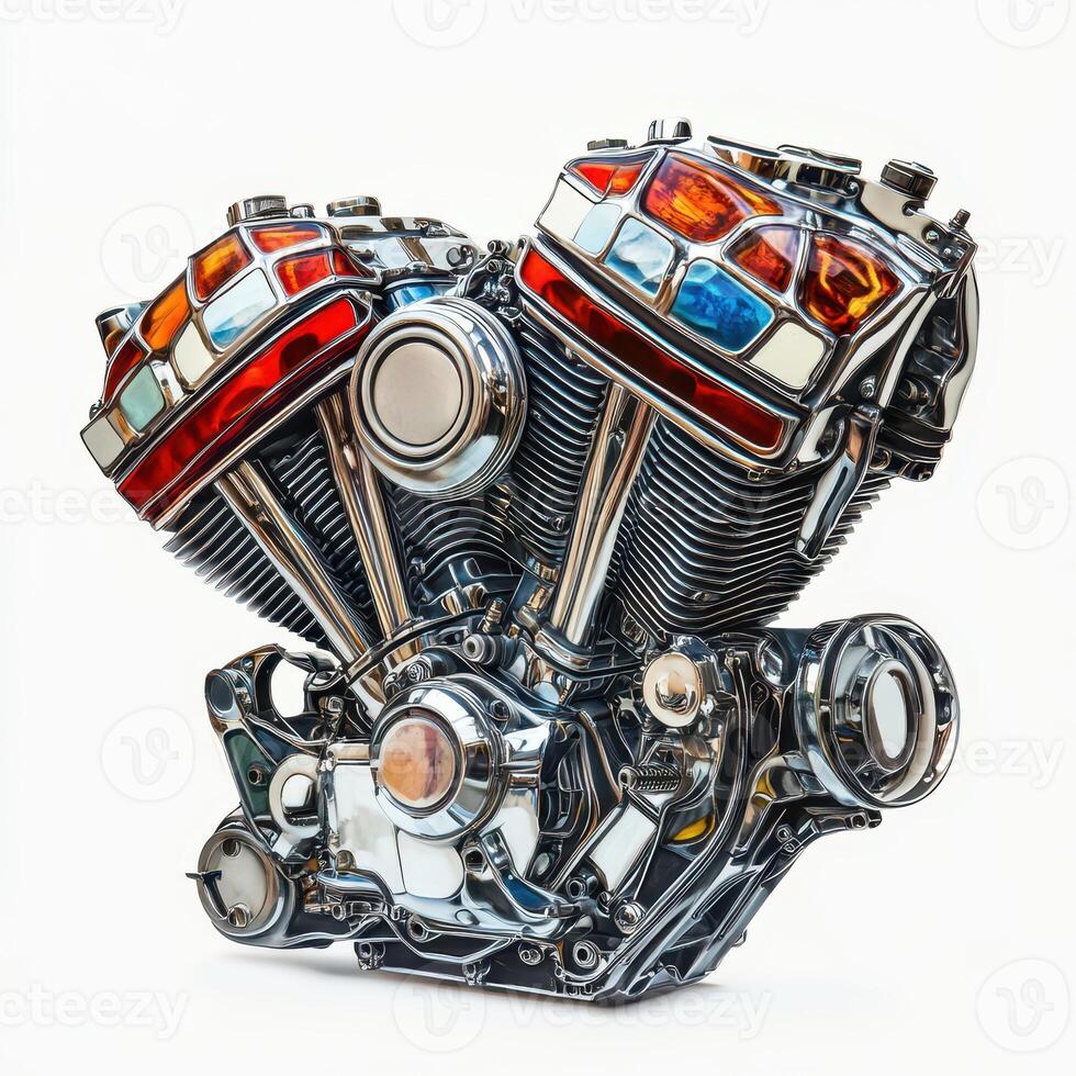 A shiny motorcycle engine showcasing intricate design and craftsmanship. photo