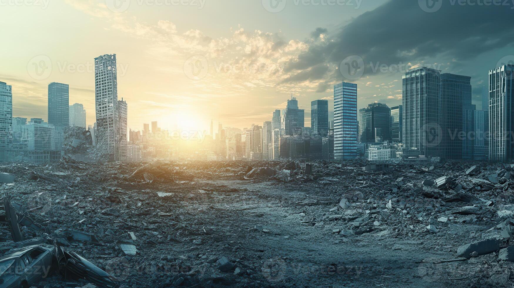 A desolate urban landscape at sunrise, showcasing ruins and a stark environment photo