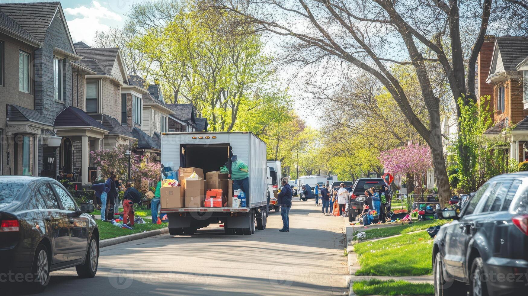 A neighborhood scene with moving truck and people organizing belongings outdoors photo
