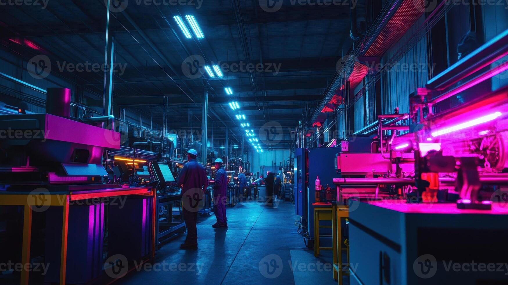 A vibrant industrial workspace with illuminated machinery and workers engaged in tasks photo