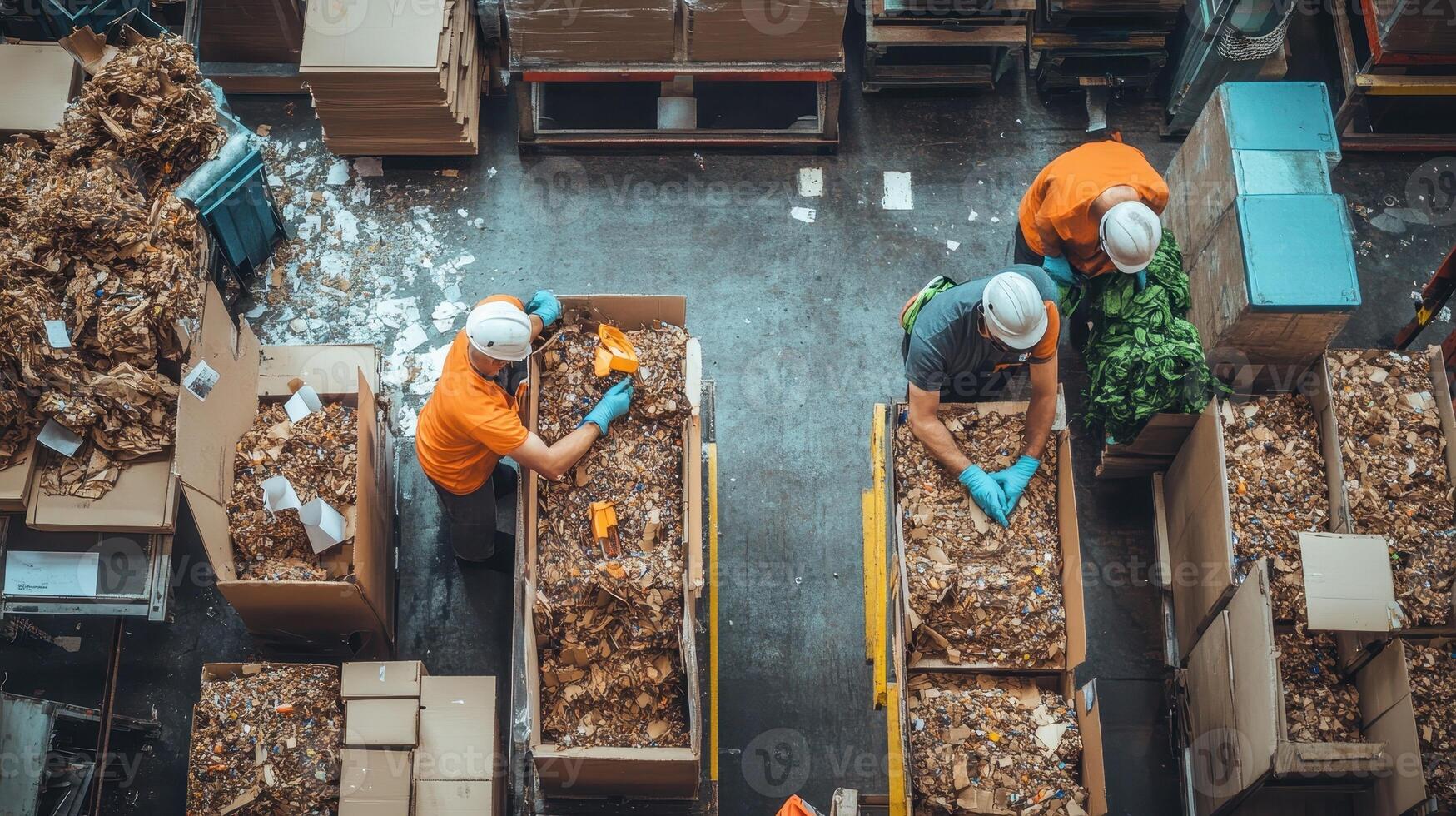 Workers sorting materials in a recycling facility, focused on waste management processes. photo