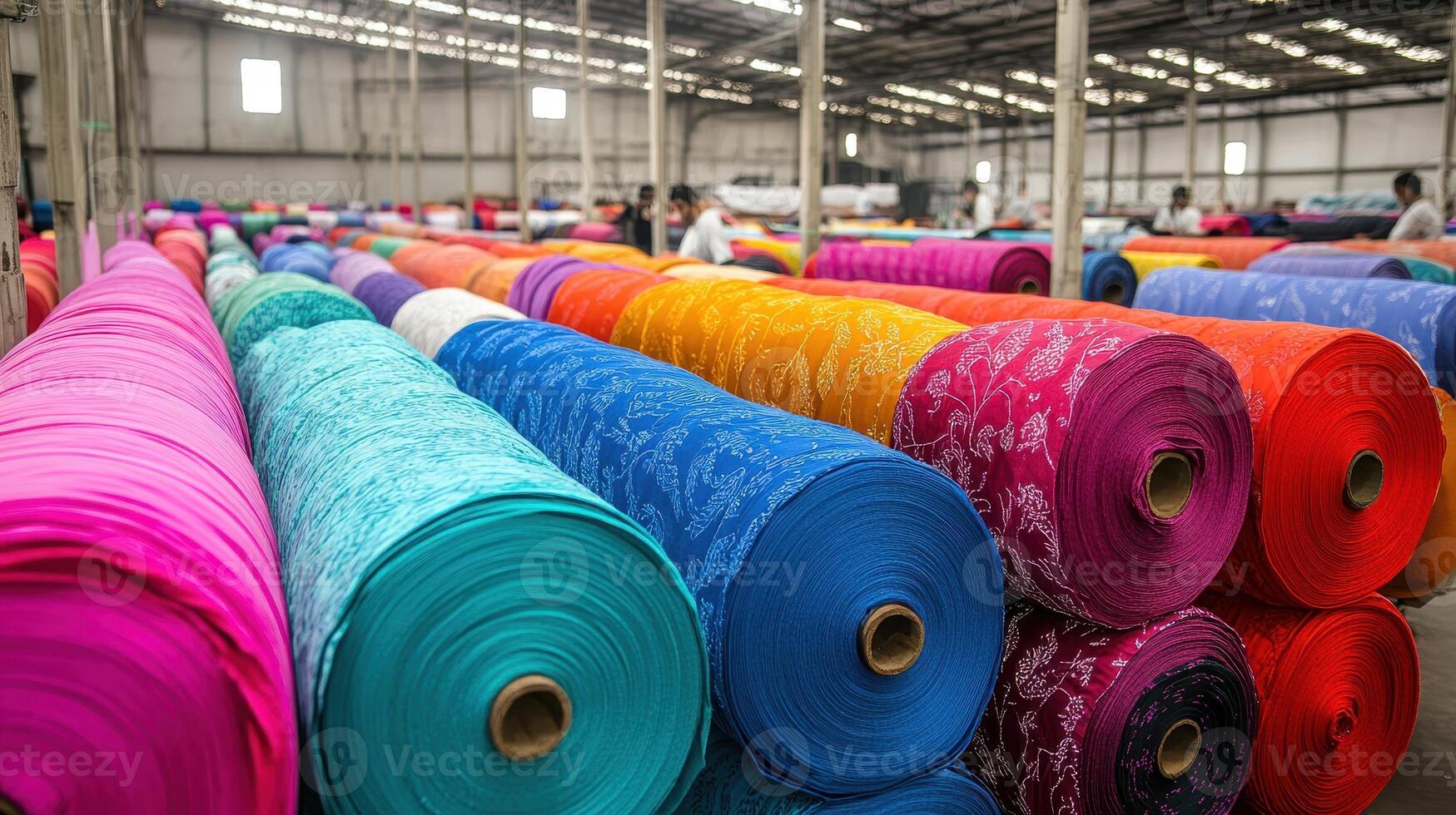 A warehouse filled with colorful fabric rolls for textile production and distribution. photo