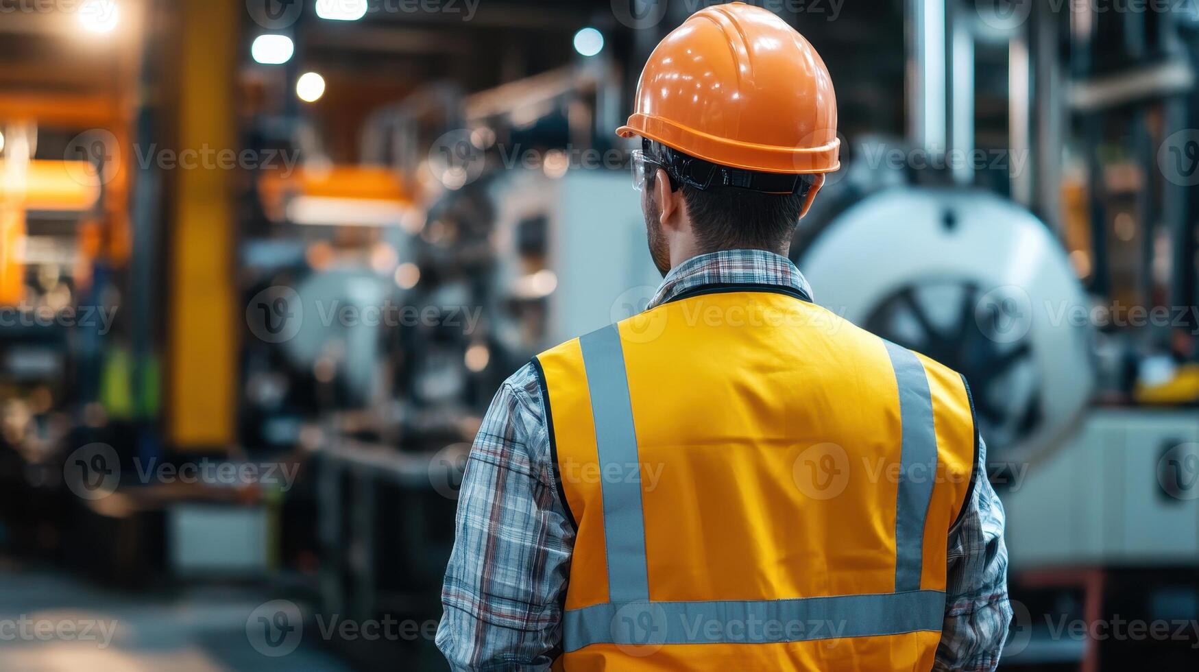 A worker in a safety vest and helmet observes machinery in an industrial setting photo
