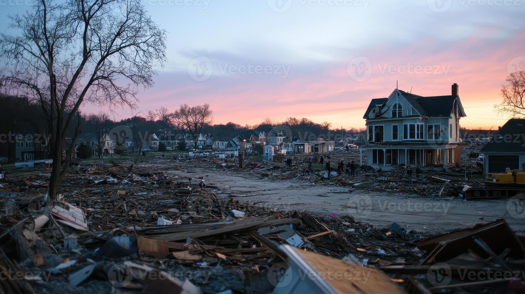 A devastated landscape after a disaster, with debris and a lone house at sunset. photo