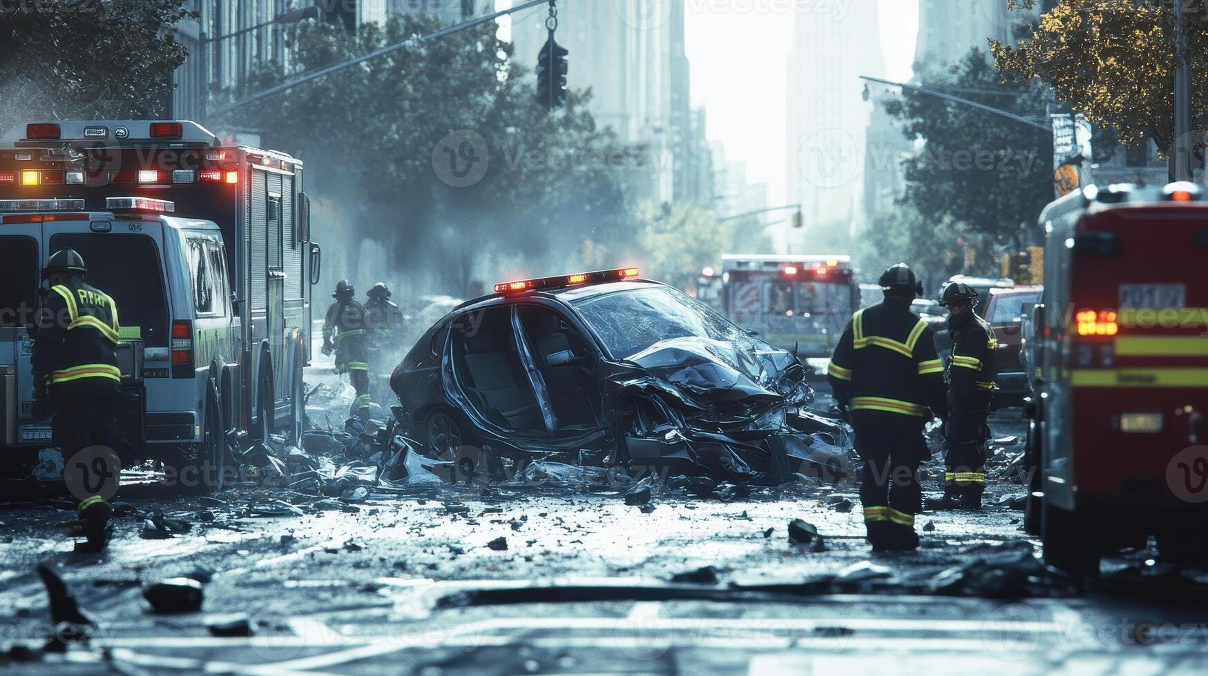 A scene of destruction with emergency responders attending to a wrecked vehicle photo
