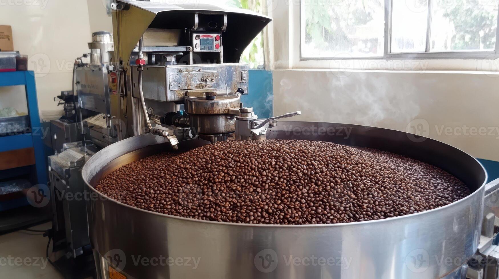 A large machine processing roasted coffee beans in a factory setting photo