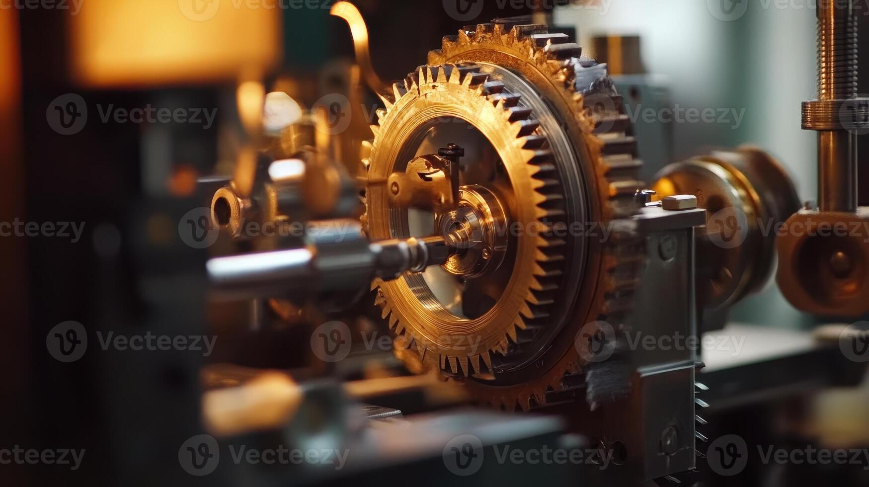Close-up of a mechanical gear system in a factory setting, showcasing industrial machinery. photo