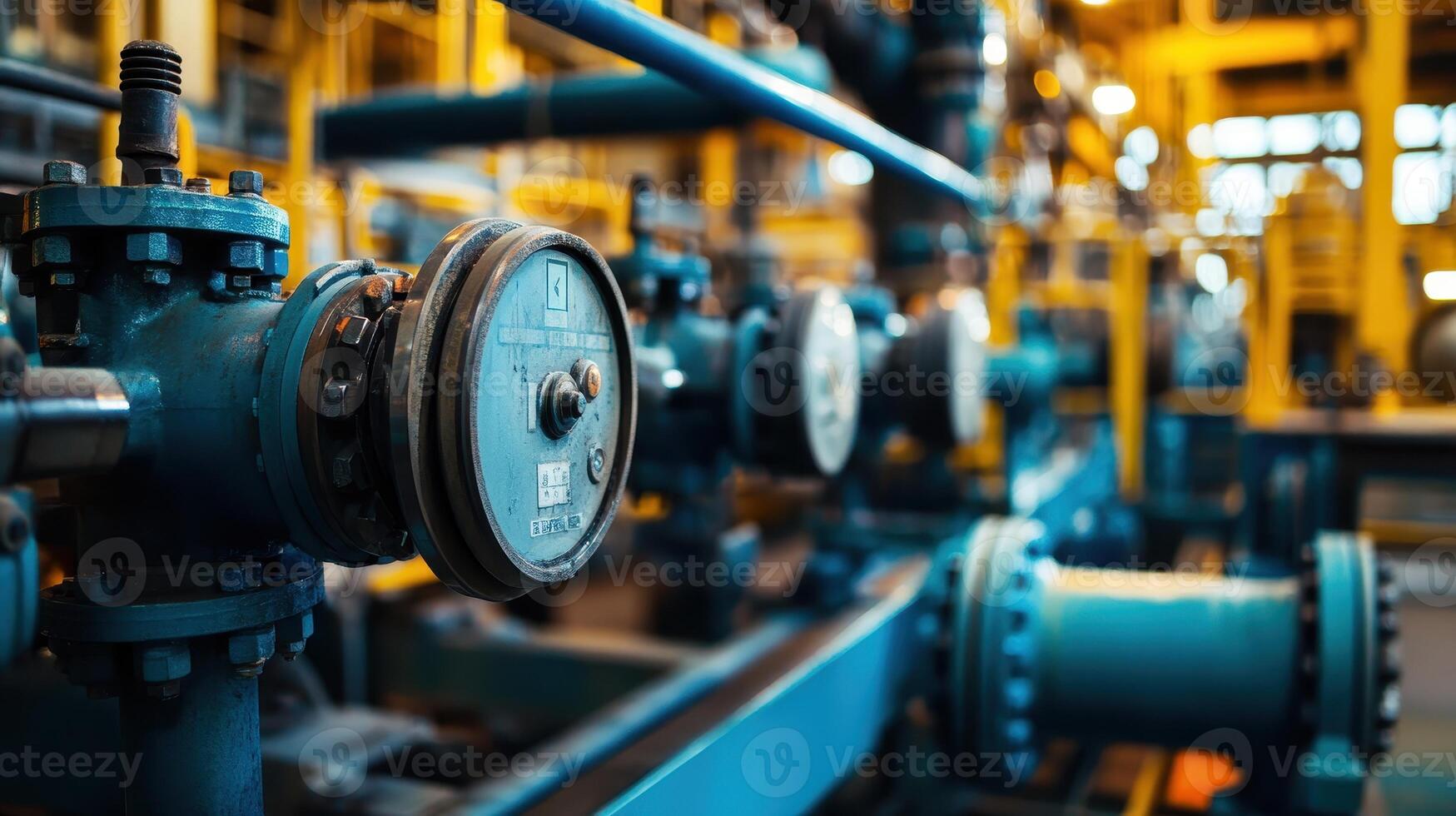 Close-up of industrial valves and pipes in a facility, highlighting machinery and engineering. photo