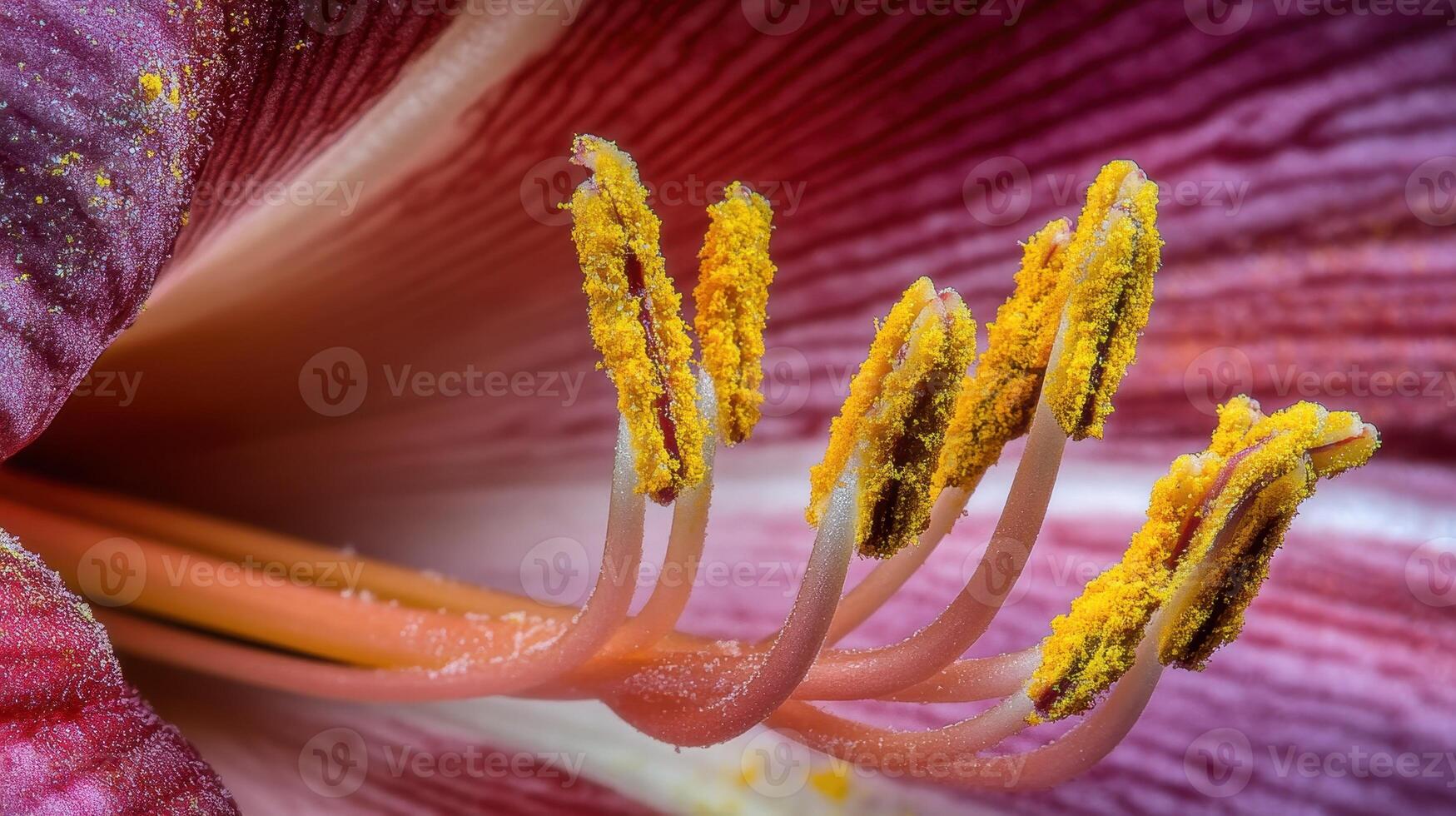Close-up of a flower's stamens covered in pollen, showcasing intricate details and colors photo