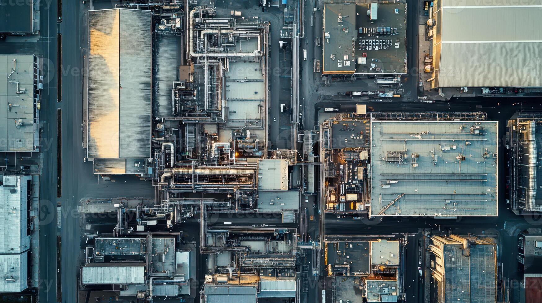 Aerial view of an industrial complex with interconnected structures and pipelines. photo