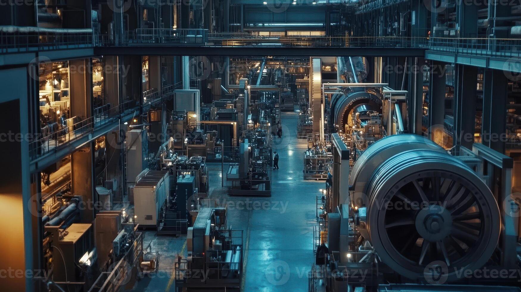A spacious industrial facility filled with machinery and equipment for manufacturing processes. photo