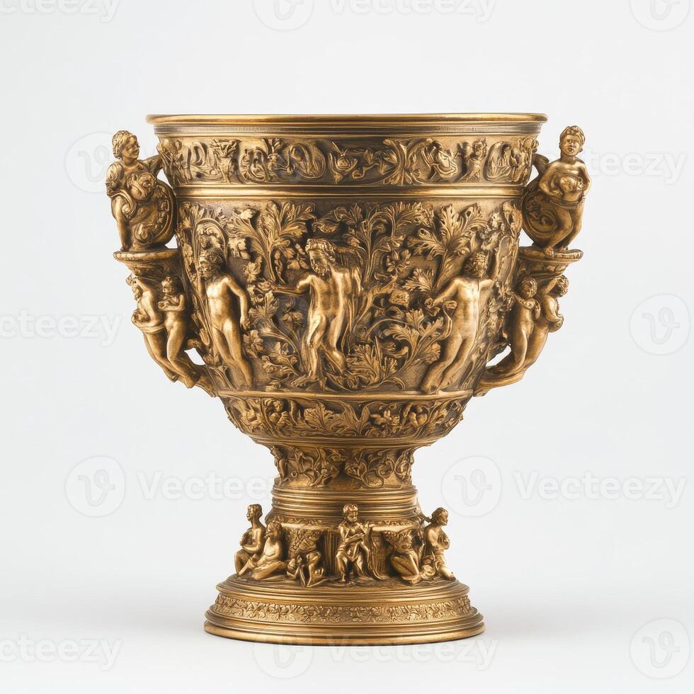 Ornate golden vase with intricate human and nature reliefs, symbolizing artistry and craftsmanship. photo