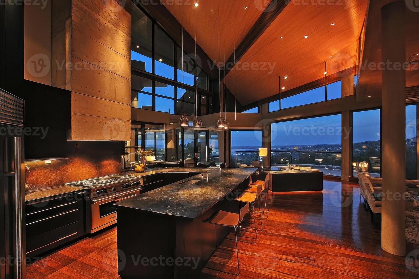 Modern kitchen with large windows showcasing a scenic view at dusk. photo