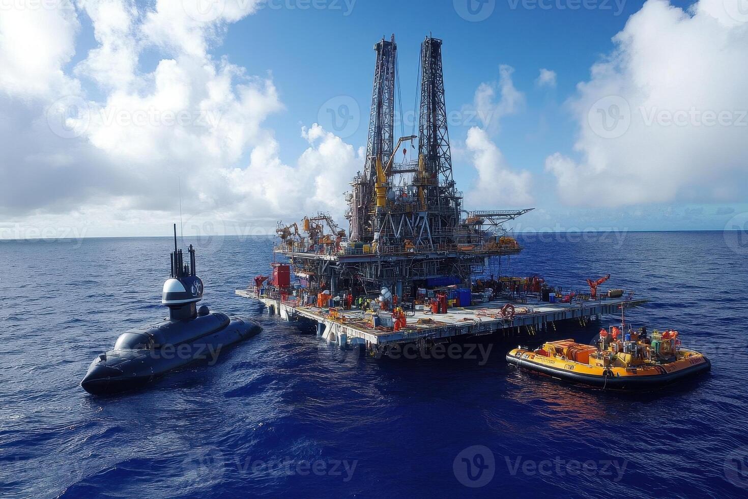 A drilling platform in the ocean with support vessels nearby. photo