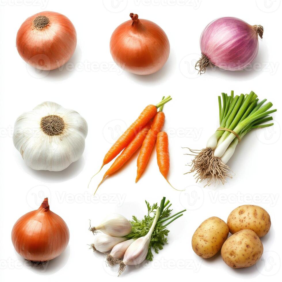A variety of fresh vegetables arranged in a grid format, ideal for cooking or meal preparation. photo